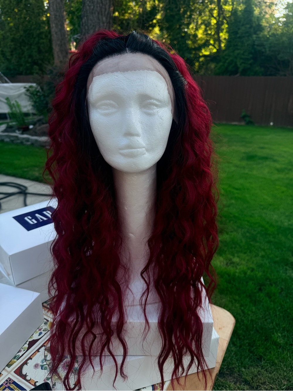 NWOT Stylish Women's Long Wavy Lace Front Wig - Black Roots to Deep Burgundy